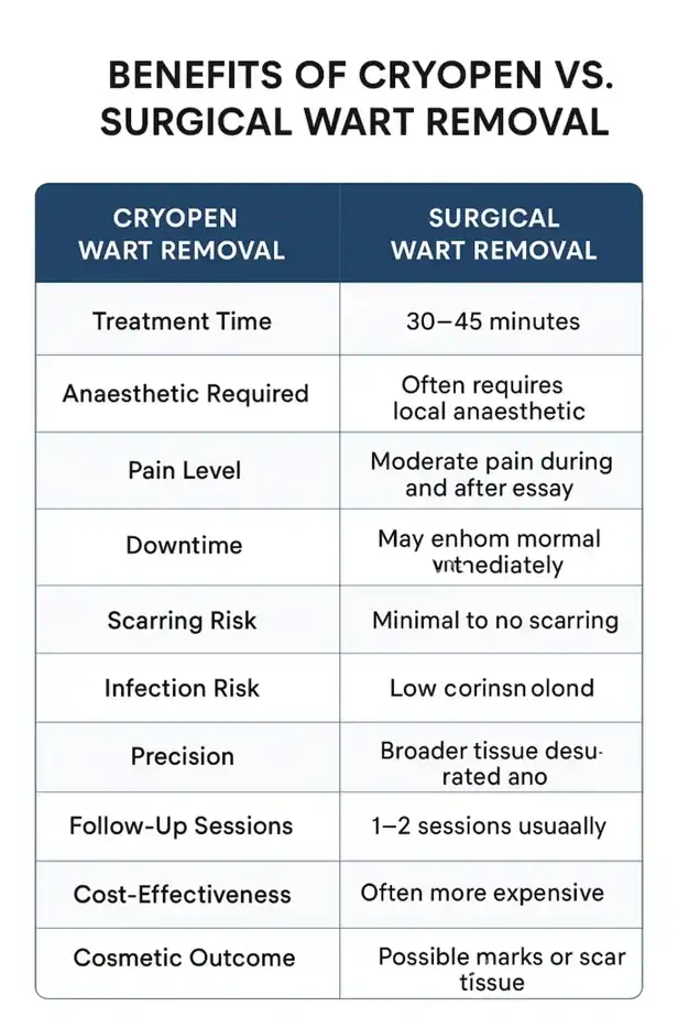 Table showing the benefits of cryopen to remove warts Bridport compared to surgical treatment